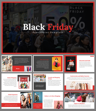 Black Friday PowerPoint slides featuring a crowd shopping event with discount banners and stylish layouts.