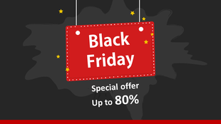 Black friday sale banner featuring red hanging tag design, with stars, and text promoting special offers, on a dark backdrop.