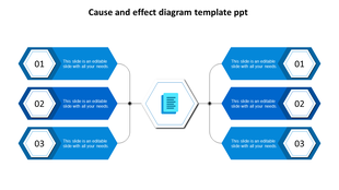 Cause and effect diagram with a central hexagon and six blue hexagonal nodes arranged symmetrically on both sides.