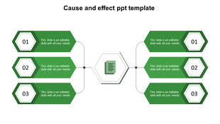 Green cause and effect template with hexagonal shapes arranged on both sides connected to a central icon.