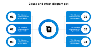 Three blue circular elements with numbers and text areas connected to a central document icon in a cause and effect layout.