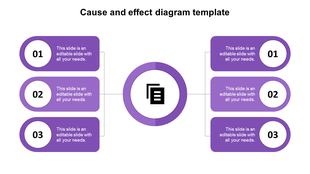 Cause and effect diagram PowerPoint template with three primary causes leading to a central effect on a purple theme.