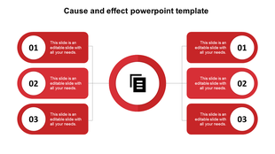 Cause and effect slide with six red rounded rectangles labeled 01–03 on both sides, linked to a central circular icon.
