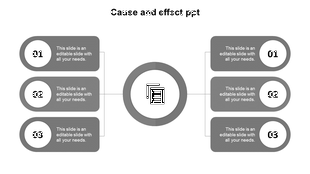 Grey cause and effect template with numbered circular sections, linked by lines to a central icon in the middle.