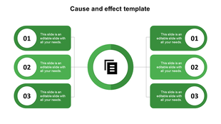 Green themed cause and effect PPT slide diagram with a circular center and six connected placeholder text boxes.