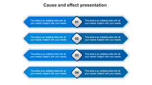Cause and effect diagram with four rows of blue arrows and central diamond steps numbered 01 to 04.
