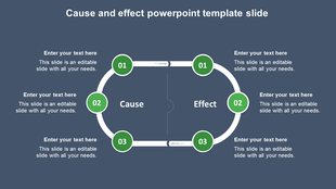 Circular cause and effect PowerPoint template with green numbered sections with placeholder text.