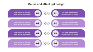 Cause and effect layout in gradient purple with four mirrored step pairs joined by chevron arrows and circular numbers.