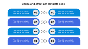 Blue cause and effect PowerPoint slide with numbered sections and directional arrows with placeholder text.