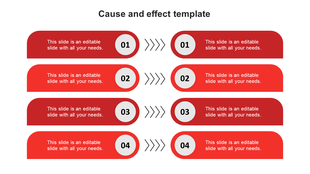 Cause and effect template with four red rectangular sections in two columns and arrows pointing to numbered labels.