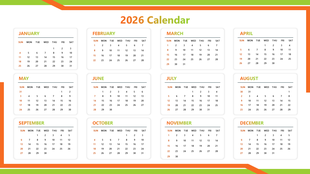 PPT Calendar Template with 2026 yearly grid, white month cards, orange headers, and green borders.