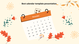 Decorative December calendar with orange header, surrounded by autumn leaves and floral illustrations on a cream background.