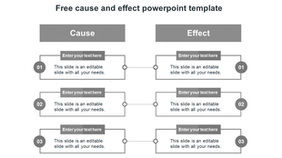 Grey template showcasing cause and effect relationships in three numbered boxes with connecting lines and placeholders.