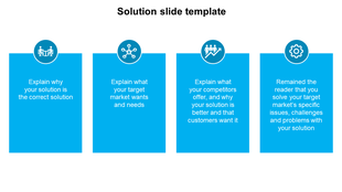 Solution  template with four blue panels featuring circular icons, each with placeholder text explaining solution aspects.