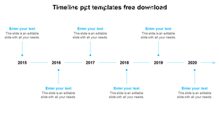 Timeline slide with years in blue markers from 2015 to 2020, connected by horizontal lines with text placeholders.
