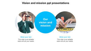 Professional vision and mission PowerPoint template with a business oriented design featuring binoculars and a target image.