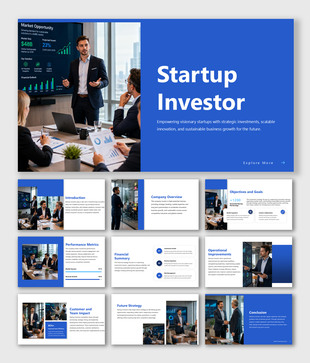 A startup team in a modern conference room presenting ideas, with placeholders text areas near each team member.