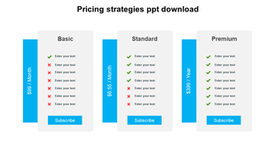 Three pricing plans strategy displayed in columns each with checkmarks and crosses along with price banners on the sides.