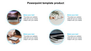Product template featuring four circular frames with blue border containing technology images each placed with caption areas.
