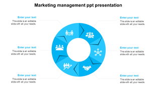 Marketing management infographic with six blue segments, each displaying a white icon arranged in a circle.