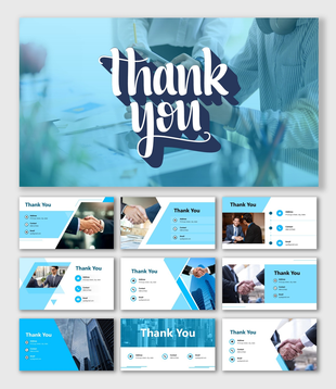 Thank you slide for PPT featuring bold 3-D text in script overlaying a blurred blue colored office meeting background.
