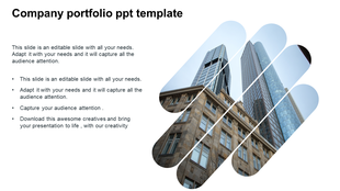 Company portfolio template featuring modern architecture photograph of skyscrapers and historical building presented. 
