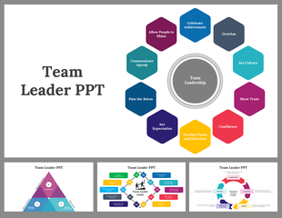 Slide deck with circular layout of hexagons and triangles in various colors, describing leadership traits.