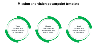 Three green circular graphics labeled Vision, Mission, and Goal, each with editable text inside white circular placeholders.