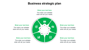 Business strategic plan slide with a central green circle containing five numbered sections, each with an icon.