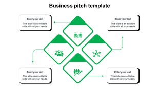 Business pitch PowerPoint template with four green diamond shaped sections, each containing icons with placeholder text.