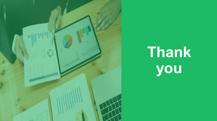 Thank you slide with a green background, showing a person holding a report with charts and a tablet displaying graphs.