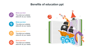 Education slide with four colored icons and text on the left, and an open book showing a pirate ship, castle, and rocket.