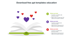 Educational PowerPoint slide with an open book illustration and floating heart icons, accompanied by text boxes for content.