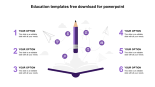 Education themed layout with a pencil launching from a book, surrounded by six icons and numbered text areas on both sides.