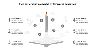 Educational PPT slide with a central grey pencil launching from an open book, surrounded by six numbered options and icons.