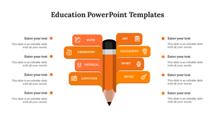 Education themed slide featuring an orange pencil in the center, with subject labels branching out and text on both sides.