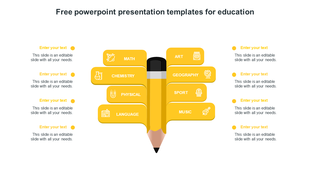 Yellow pencil infographic with eight labeled education topics extending from the center and text placeholders on both sides.