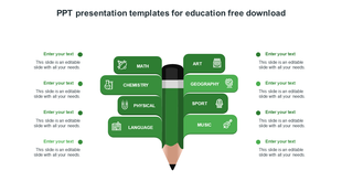 Educational slide featuring a pencil illustration with eight green segments with icons and placeholder text.