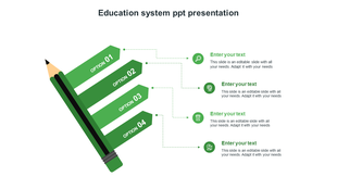 An illustration of a green pencil with four directional options linked with placeholder text, on a white background.
