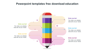 Slide with a multicolored vertical pencil in the center, pointing to six captions arranged symmetrically on both sides.
