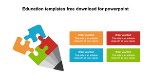 Education slide featuring a pencil tip formed from interlocked puzzle pieces, with four colored text boxes aligned at right.