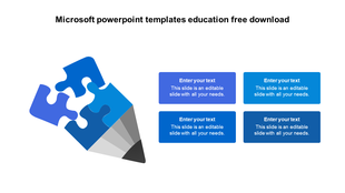 Educational graphic showing a puzzle shaped pencil and four blue rectangles with placeholder text on the right side.