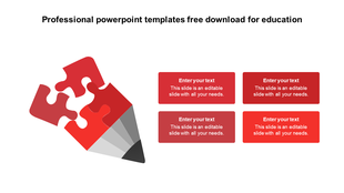 Pencil shaped red puzzle piece on the left with four text boxes on the right, set against a white background.