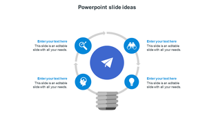 Blue themed template with a central light bulb and four icons arranged in a circular flow.