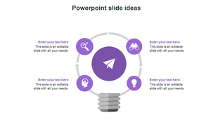 Creative PPT slide with a circular infographic and a lightbulb shaped design, featuring purple icons and text placeholders.
