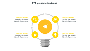 Slide featuring a light bulb in the center with arrows and four yellow icons surrounding it in a cycle.