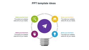 Creative PPT template with a circular infographic featuring a lightbulb base and four colorful icons with placeholder text.