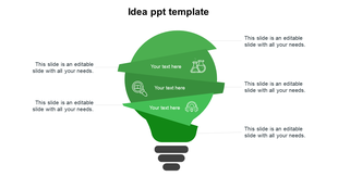 Green lightbulb idea with three angled segments, each containing an icon and text, surrounded by caption areas.