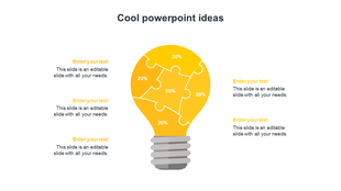 Yellow light bulb illustration with five puzzle piece divisions, surrounded by text placeholders for ideas.
