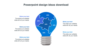 A lightbulb filled with five puzzle pieces in blue, each section labeled with percentage and placed alongside text sections.